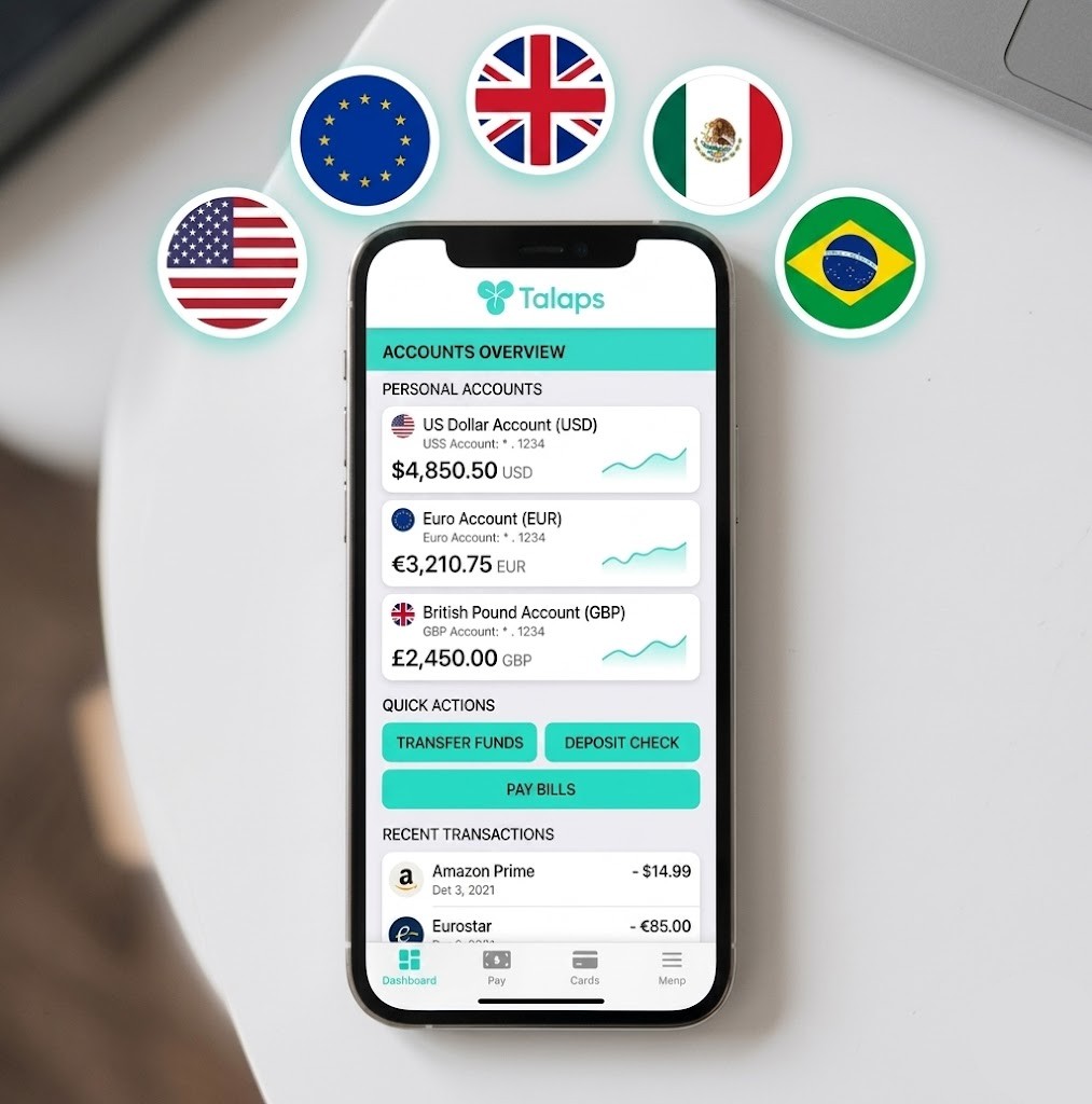 Talaps virtual account interface with country flags